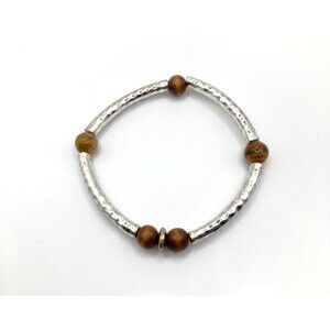 Boho Chic Stretch Hammered Silver Tone Bracelet w/ Brown Beaded Accents NWOT
